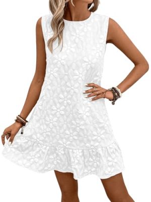 41sMqYEKM9L.jpg Women's Ruffle Hem Sleeveless Tank Dress Round Neck Casual Jacquard Hem Smock Summer Mini Dresses