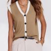 Womens V Neck Sweater Vest Button Down Cap Sleeve Summer Trendy Color Block Loose Knit Tank Tops