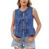 Women's Denim Vest Sleeveless Crop Top Cute Bow Tie Up Vintage Y2K Fashion Summer Jean Waistcoat Jacket