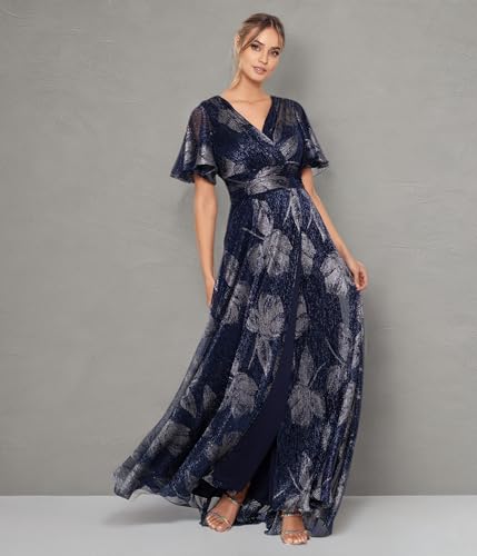 Women's V Neck Flutter Sleeve Metallic Print Flowy Dress