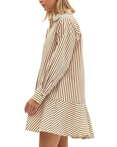 41tnVZ25-zL.jpg Womens Striped Shirt Mini Dress Long Sleeve Collared Ruffle Hem Button Up Tunic Flowy Swing Dresses