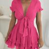 Women Summer Mini Short Dress 2025 Short Sleeve Casual Beach Vacation Sundress V Neck Tiered Sun Dresses