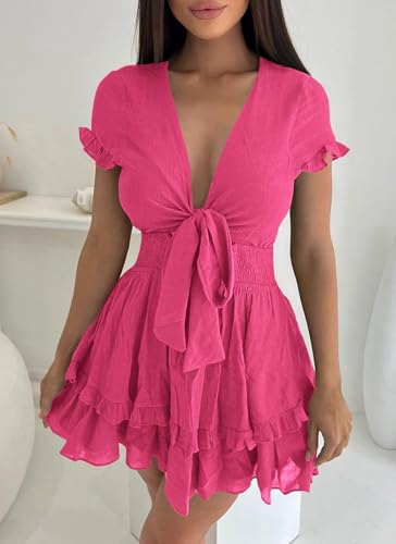 Women Summer Mini Short Dress 2025 Short Sleeve Casual Beach Vacation Sundress V Neck Tiered Sun Dresses