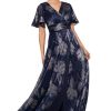 Women's V Neck Flutter Sleeve Metallic Print Flowy Dress