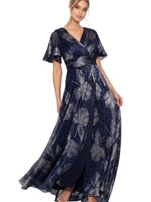 41uSpALbe-L.jpg Women's V Neck Flutter Sleeve Metallic Print Flowy Dress