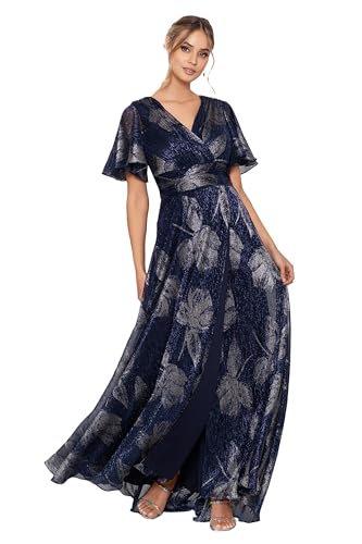 Women's V Neck Flutter Sleeve Metallic Print Flowy Dress