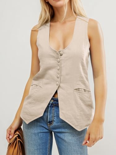41ujCwIfyL.jpg Womens Scoop Neck Blazer Vest Summer Linen Sleeveless Fitted Waistcoat Work Casual Cotton Suit Tops
