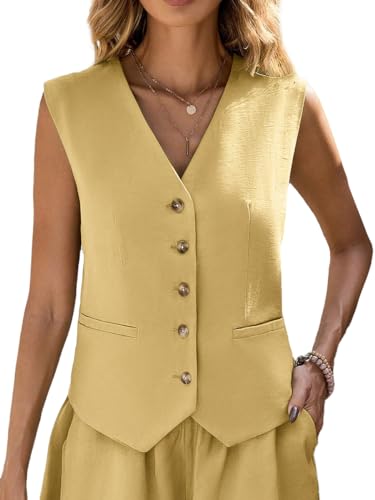 41v0wHrQkHL.jpg Linen Vest Tops for Women Summer Lihtweight Breathable V-Neck Button Fashion Casual Work Beach Vacation Outerwear