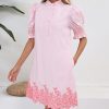 41v5XGsJR-L.jpg Women's Summer Embroidered Mini Dress Short Puff Sleeve Ruffle Collar Button Front Shift Dress