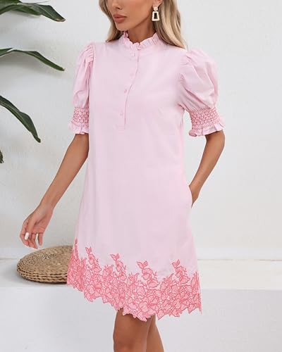 41v5XGsJR-L.jpg Women's Summer Embroidered Mini Dress Short Puff Sleeve Ruffle Collar Button Front Shift Dress