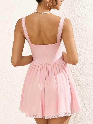 41vYG92KFPL.jpg Womens Summer Mini Dress Square Neck Tie Front Lace Spliced Ruched Backless Casual Party Graduation Short Bodycon Dresses