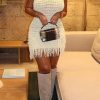 Women's Crochet Fringe Mini Dress Slim Fit Sleeveless Hollow Out Bodycon Short Knit Pullover Dresses