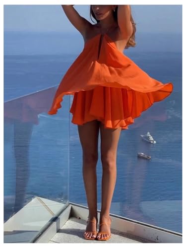 41vjzmemkvL.jpg Women's Halter Dress Tie Open Back Twist Sleeveless Flowy A Line Mini Dresses