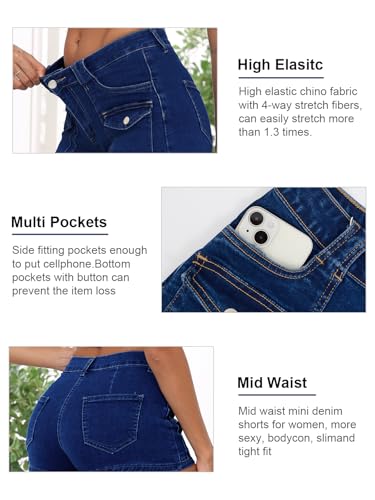 Women's Stretchy Jean Shorts Mid Waisted Twill Shorts Stretch Junior Booty Denim Shorts with Pockets Club Night