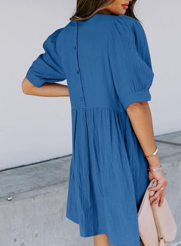 41wQPTHqweL.jpg Womens Summer Crewneck Puff Sleeve Babydoll Elegant Empire Waist Mini Swing Skater Dresses with Pockets