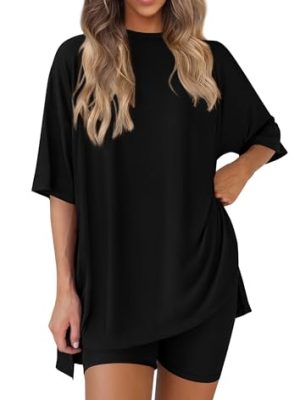 41wUHC7hvL.jpg Women's Two Piece Lounge Set 2025 Summer Casual Oversized Shirts Biker Shorts Matching Airport Travel Outfit