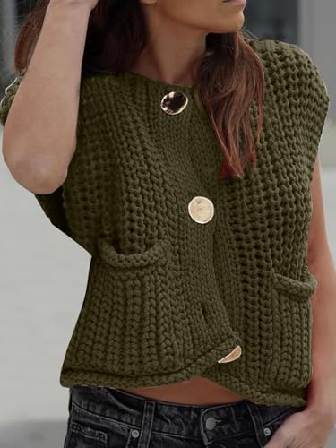 Women's Sleeveless Cropped Knit Cardigan 2025 Casual Button Down Crochet Sweater Vest Tops with Pockets