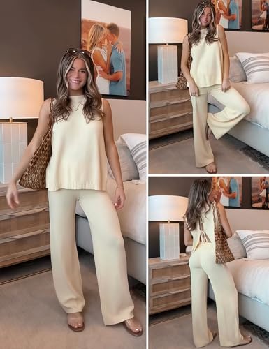 Women's 2 Piece Lounge Set Bow Sweater Vest Wide Leg Pants Summer Matching Sets Travel Outfits Knit Tracksuit Sweatsuit