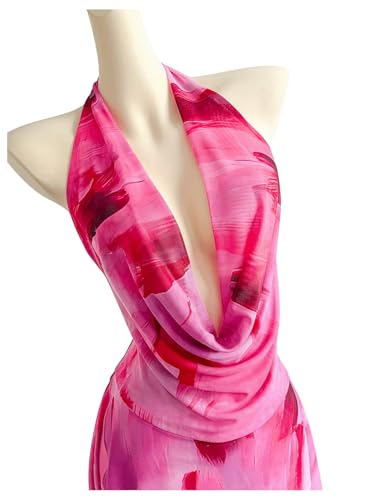 41xM974jyFL.jpg Women's Tie Dye Mesh Halter Mini Dress Deep V Neck Draped Backless Sleeveless Vacation Summer Dresses