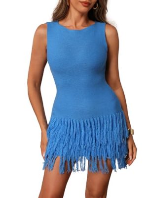 41xn8ShvtQL.jpg Women's Fringe Sleeveless Mini Dress Crew Neck Bodycon Knit Party Club Dresses