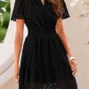 41yDXDiNldL.jpg 2025 Women Summer Short Dress V Neck Short Sleeve A Line Hollow Out Lace Ruffle Cute Casual Beach Party Dresses