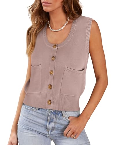 41ytY9o7-7L.jpg Womens Sweater Vest Summer Ribbed Tank Tops Sleeveless Button Down Shirts Scoop Neck Top for Women