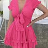 Women Summer Mini Short Dress 2025 Short Sleeve Casual Beach Vacation Sundress V Neck Tiered Sun Dresses