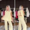 Women's 2 Piece Lounge Set Bow Sweater Vest Wide Leg Pants Summer Matching Sets Travel Outfits Knit Tracksuit Sweatsuit