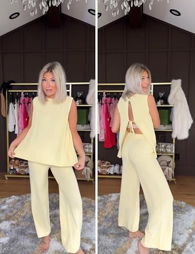 Women's 2 Piece Lounge Set Bow Sweater Vest Wide Leg Pants Summer Matching Sets Travel Outfits Knit Tracksuit Sweatsuit
