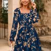 Womens Boho Long Sleeve Mini Dress Floral Square Neck Smocked A-Line Flowy Short Fall Wedding Guest Dresses