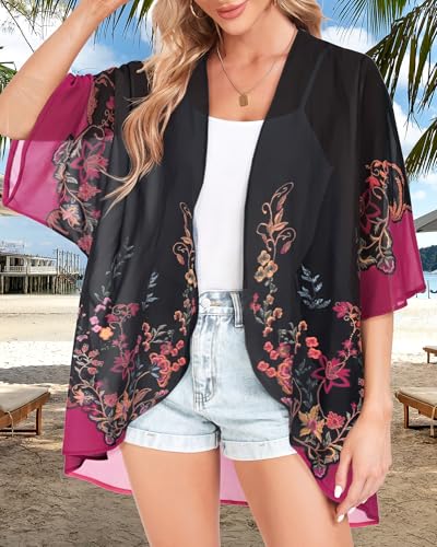 51-z2cNmOOL.jpg Women Kimono Cardigans Casual Summer Tops Cover up Open Front Floral Print Resort Wear