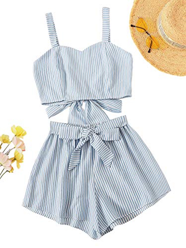 510YPEGUSrL.jpg Women's 2 Piece Outfits Summer Sleeveless Tie Back Crop Cami Top and Shorts Set