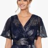 Women's V Neck Flutter Sleeve Metallic Print Flowy Dress