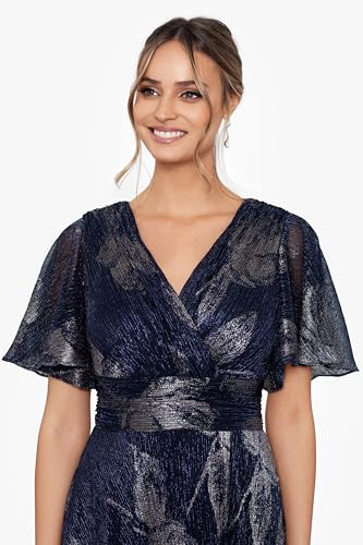 Women's V Neck Flutter Sleeve Metallic Print Flowy Dress