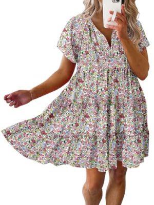 512wSbJh1lL.jpg Womens Summer Casual Boho Floral Dresses V Neck Short Sleeve Sundresses Flowy Swing A-Line Mini Dress