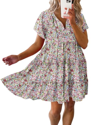 Womens Summer Casual Boho Floral Dresses V Neck Short Sleeve Sundresses Flowy Swing A-Line Mini Dress