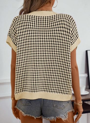 513AT5Ai23L.jpg Womens Casual Summer Tops V Neck Short Sleeve Plaid Knit Vest Loose Fit Pullover Sweaters Blouses
