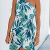 Women's One Shoulder Leaf Print Self-tie Short Dress Sleeveless Tiered Hem Formal Dress Casual Mini Dress