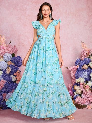 Women's Summer Floral Print Straps Sleeveless V Neck Criss Cross Backless Chiffon Beach Boho Party Long Maxi Dress