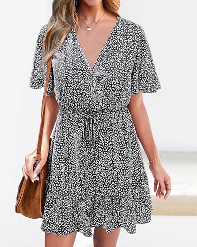 Women's Summer Dresses 2025 Casual Short Sleeve V Neck Ruffle Floral Print High Waist Flowy Mini Dress with Belt
