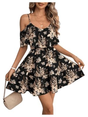 514yW8CslyL.jpg Women's Boho Floral Print Cold Shoulder Dress Short Sleeve Ruffle A Line Vacation Elegant Mini Dresses