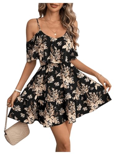 Women's Boho Floral Print Cold Shoulder Dress Short Sleeve Ruffle A Line Vacation Elegant Mini Dresses