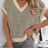 515B36luUjL.jpg Womens Casual Summer Tops V Neck Short Sleeve Plaid Knit Vest Loose Fit Pullover Sweaters Blouses