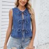 Women's Denim Vest Sleeveless Crop Top Cute Bow Tie Up Vintage Y2K Fashion Summer Jean Waistcoat Jacket