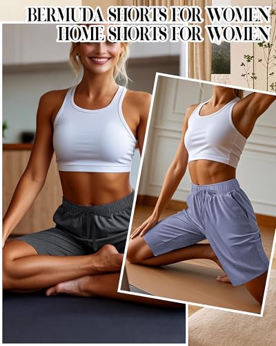 515lnxT5IhL.jpg 3 Pack Women's Bermuda Shorts, Jogger Yoga Sweat Walking Short Running Knee Length Sport Drawstring Shorts with Pockets