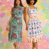 515pTk0B9zL.jpg Women's Floral Printed Neck Tie Short Sleeve Midi Dress