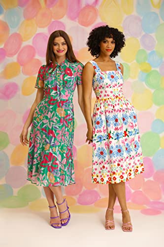515pTk0B9zL.jpg Women's Floral Printed Neck Tie Short Sleeve Midi Dress
