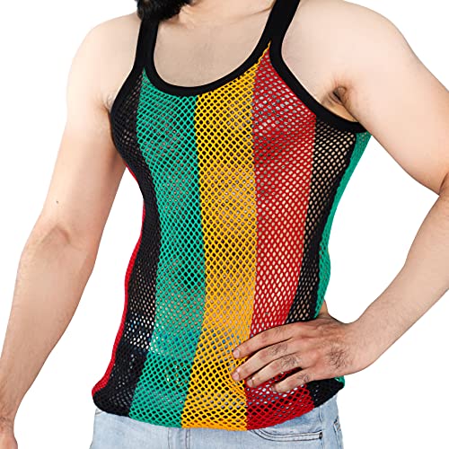 Men's Rasta String Vest 100% Cotton Mesh Marina Caribbean Jamaican Tank Top See-Through Gym Beach Shirt