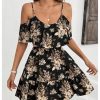 Women's Boho Floral Print Cold Shoulder Dress Short Sleeve Ruffle A Line Vacation Elegant Mini Dresses