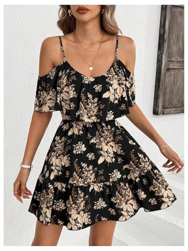 Women's Boho Floral Print Cold Shoulder Dress Short Sleeve Ruffle A Line Vacation Elegant Mini Dresses